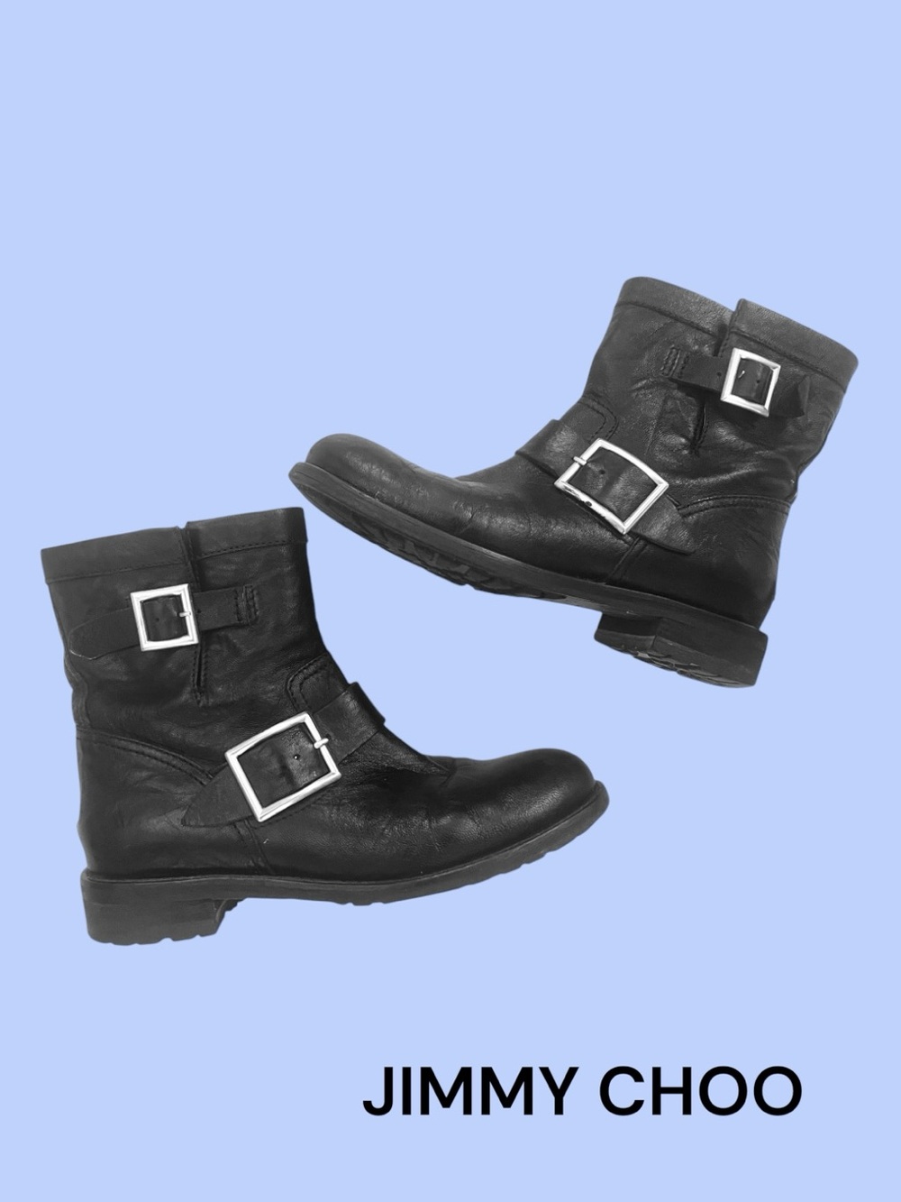 Jimmy Choo Black Leather Double-Buckle Moto Ankle Boots 7